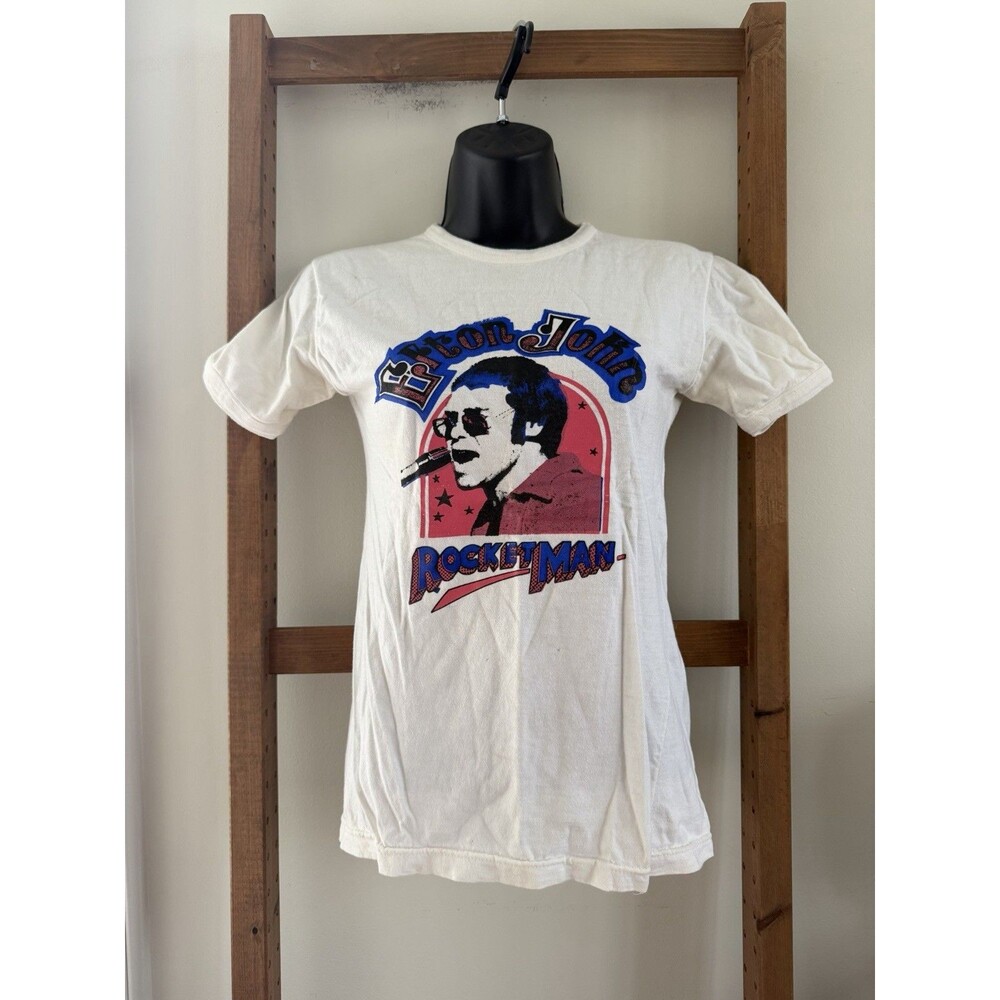 Vintage 70s Elton John Rocketman T Shirt Single Stitch White Concert Tee Small